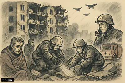 Rescue workers search rubble at a destroyed Kyiv apartment block as wounded civilians wait nearby and drones loom in the distance.