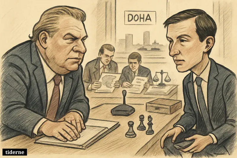 Caricatures of Steve Witkoff and Jared Kushner in a Doha meeting room with empty chair, aides, negotiation papers, and distant tanker ships.