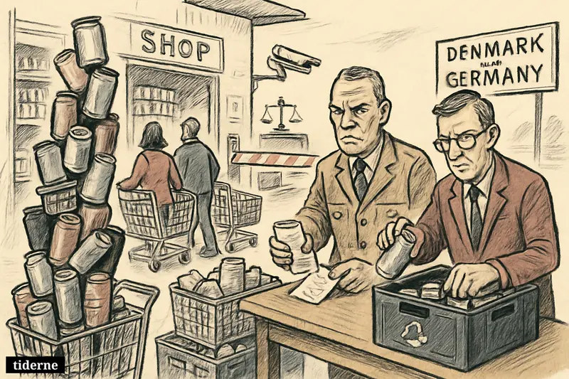 Caricature of a German border shop checkpoint where inspectors scrutinize cans, carts, and deposit crates as cross-border shoppers hesitate.