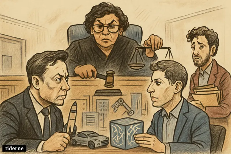 Judge Yvonne Gonzalez Rogers presides over Elon Musk, Sam Altman, and Greg Brockman in a courtroom shaped by AI industry symbols.
