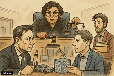 Judge Yvonne Gonzalez Rogers presides over Elon Musk, Sam Altman, and Greg Brockman in a courtroom shaped by AI industry symbols.