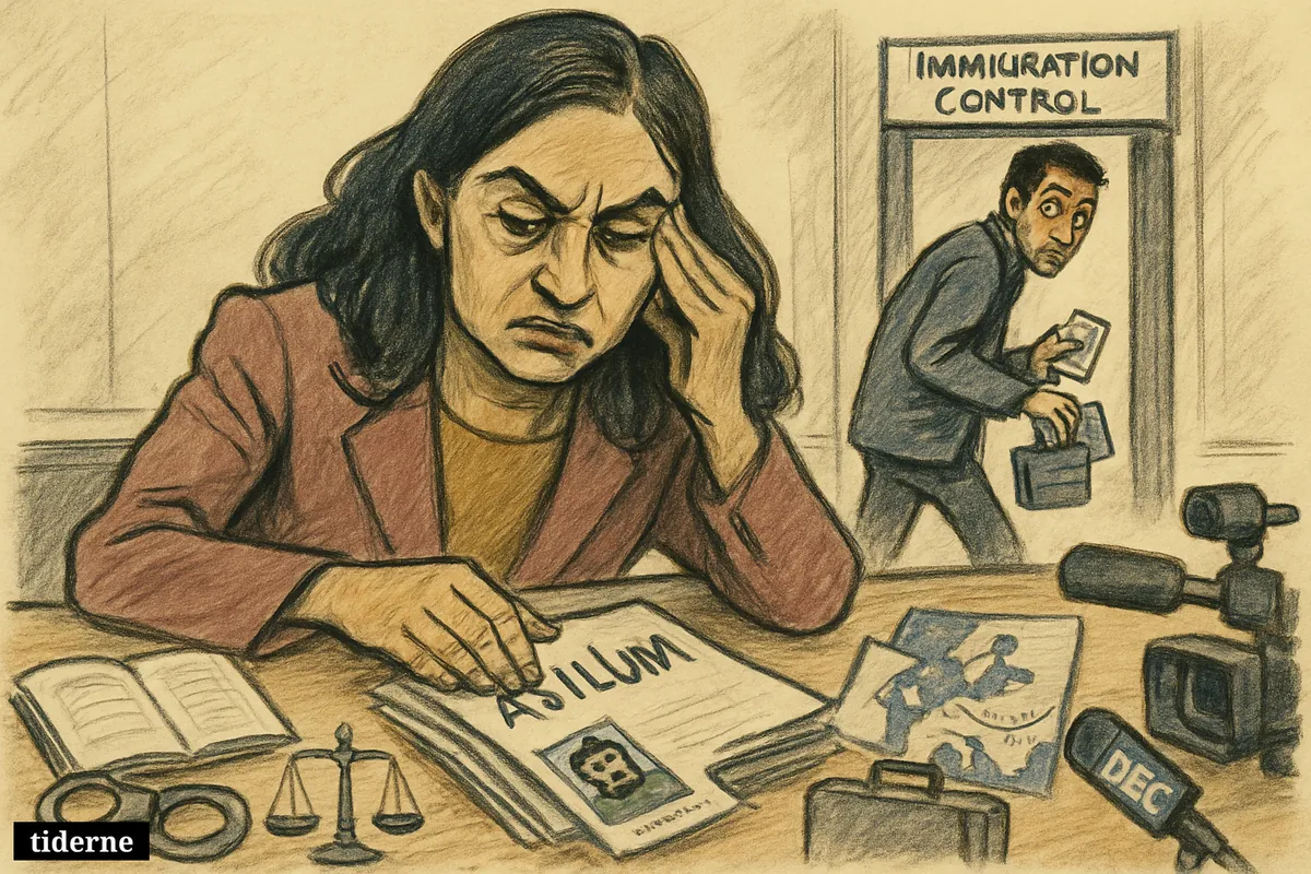 Caricature of Shabana Mahmood reviewing asylum papers as Twana Jamal slips through a checkpoint with false ID in a government office.