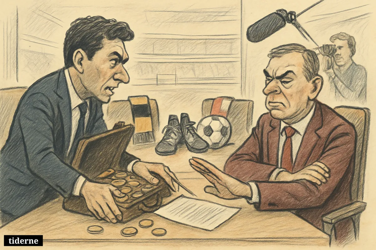 Two football executives in a tense transfer negotiation push money and contracts across a table, with club scarves and media equipment nearby. (AI-genereret illustration)