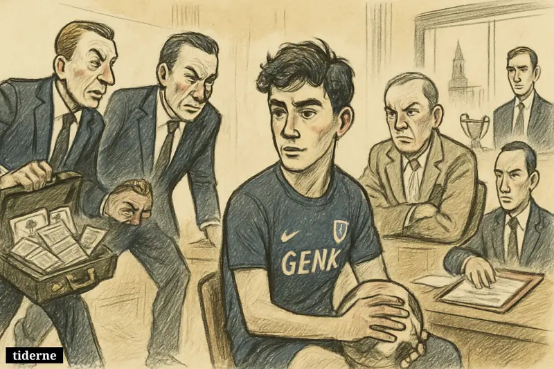 Caricature of football transfer talks with Dortmund delegates, Genk officials, a young player at the center, and a Milan scout observing. (AI-genereret illustration)