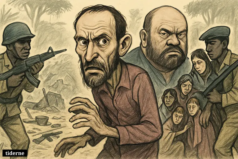 Caricature of ADF leaders in a jungle camp as soldiers rescue weak civilians and children during a military operation in eastern DR Congo.