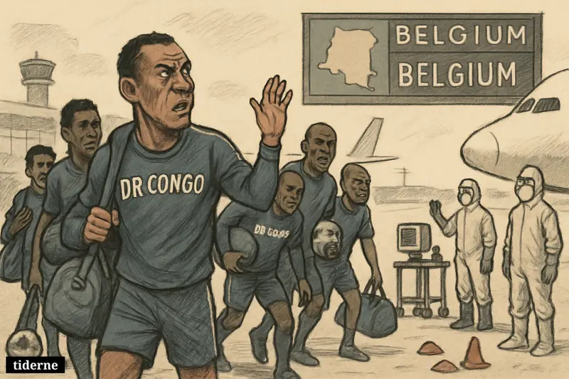 Concerned DR Congo football players board a plane as outbreak-response staff screen them on an airport tarmac.