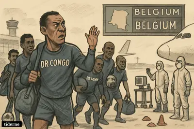 Concerned DR Congo football players board a plane as outbreak-response staff screen them on an airport tarmac.