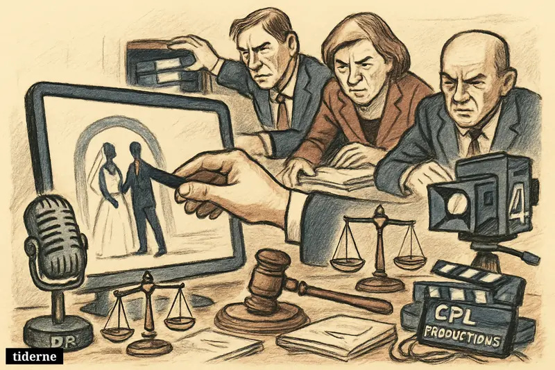 A caricature streaming control room shows wedding reality episodes being removed as broadcasters and producers react amid legal and documentary symbols.