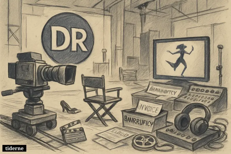 An abandoned TV studio with camera gear, dance shoes, broken film reel, and paused performer image, suggesting a canceled documentary after bankruptcy.