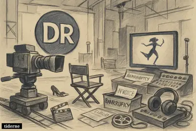 An abandoned TV studio with camera gear, dance shoes, broken film reel, and paused performer image, suggesting a canceled documentary after bankruptcy.