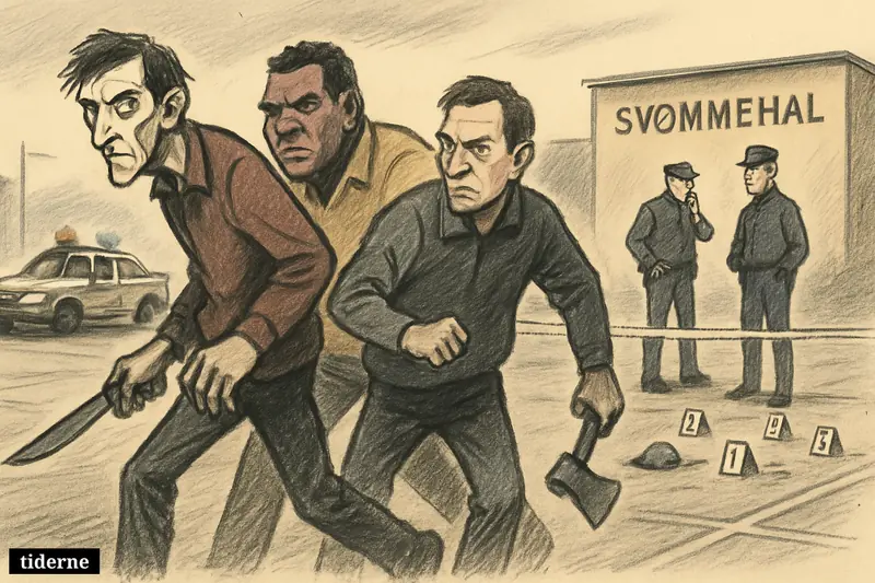 Four suspicious men hurry across a parking lot as police investigate a violent attack scene outside a swimming hall.