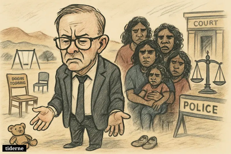 Anthony Albanese looks distressed before grieving Aboriginal families, with children’s belongings, an uneven justice scale, and sparse Alice Springs surroundings.