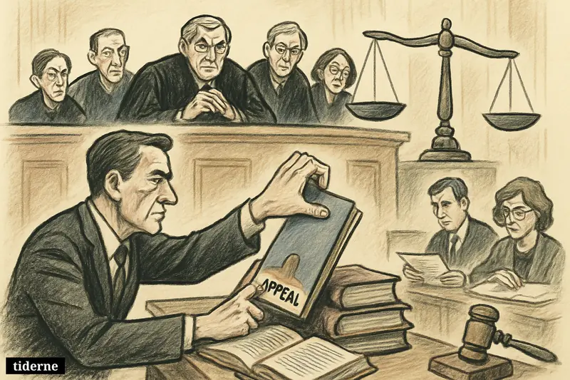 A courtroom caricature shows prosecutors elevating a murder case file toward supreme court judges, with legal symbols and an empty small chair.