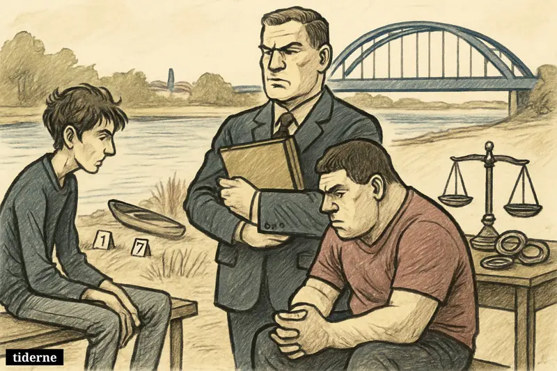 Two subdued young men by the riverside under police watch, with a kayak, evidence markers, handcuffs, and a blue bridge behind them. (AI-genereret illustration)