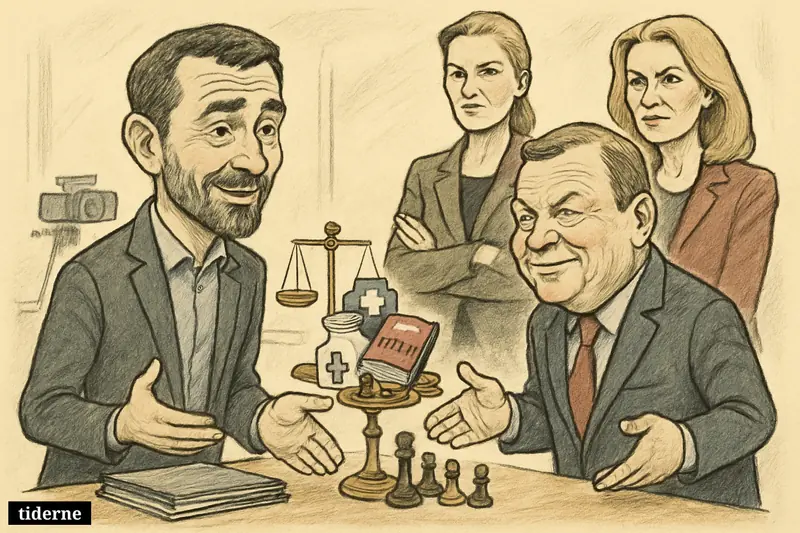 Pelle Dragsted and Lars Løkke Rasmussen cautiously meet across a negotiation table while Mette Frederiksen and Helle Thorning-Schmidt watch nearby.