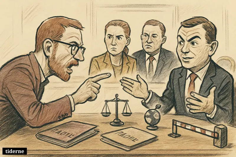 Pelle Dragsted confronts Morten Messerschmidt across a negotiation table while Mette Frederiksen and Lars Løkke Rasmussen watch tensely.