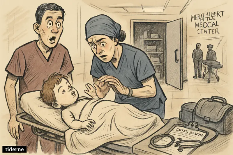 A toddler on a hospital gurney shows signs of life as shocked medical staff react outside a cold storage room. (AI-genereret illustration)