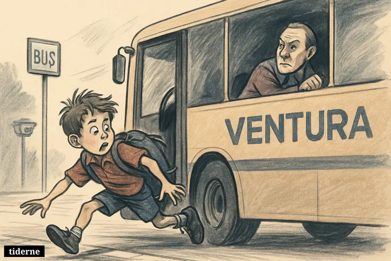 A startled schoolboy is dragged beside a bus with his bag caught in the rear door, while the driver and a security camera are visible.