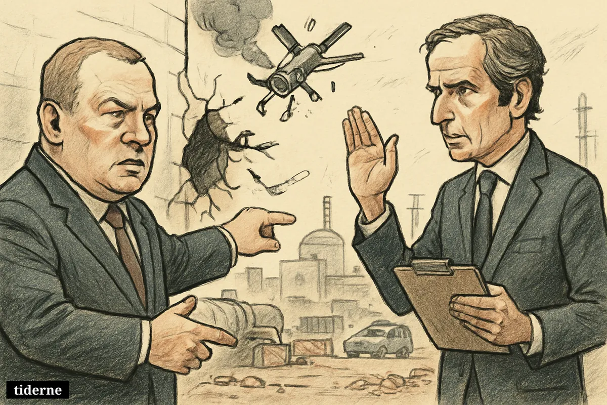 Caricatures of Alexei Likhachev and Rafael Grossi inspect drone damage outside a nuclear plant turbine hall in a tense war-zone setting.