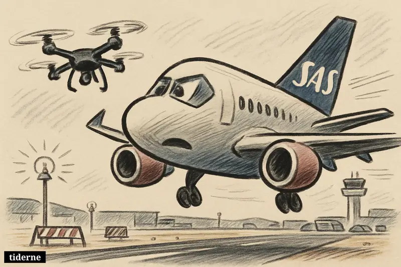 A diverted SAS passenger jet banks away from landing while a drone hovers dangerously near the airport approach and control tower.
