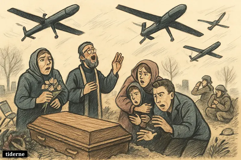 A funeral in Ukraine erupts into panic as civilians crouch by a grave while multiple drones descend overhead and air-defense crews look up.