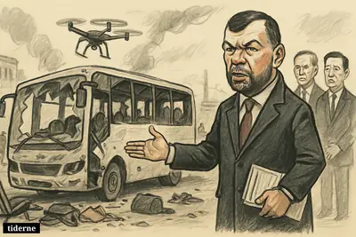 Caricature of Denis Pushilin by a shattered bus in Donetsk, with a hovering drone and two suited political figures observing nearby.