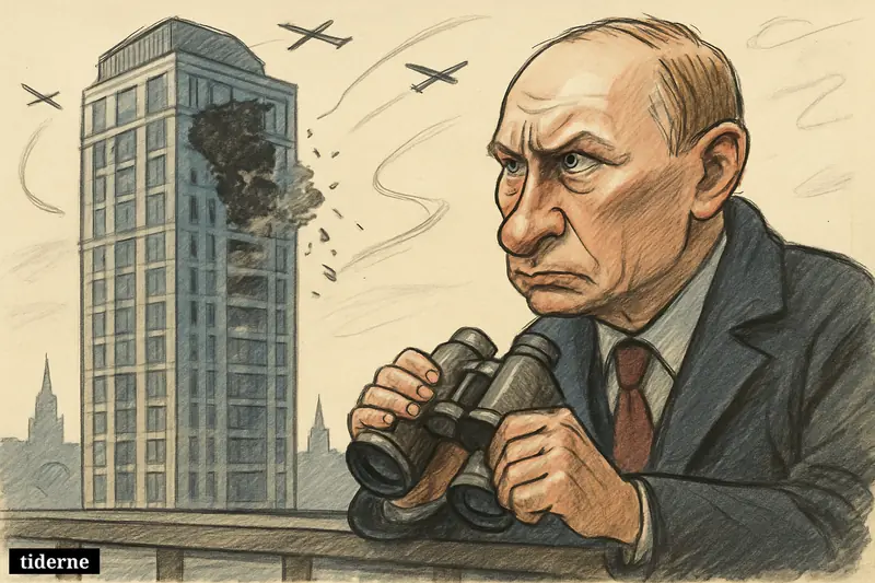 Caricature of Vladimir Putin watching a damaged Moscow residential skyscraper as drones and air-defense trails cross the sky.