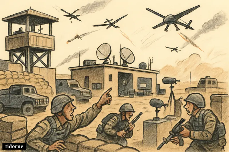 A caricature of a joint British-American military base in Iraq as soldiers take cover during a swarm of attacking drones.