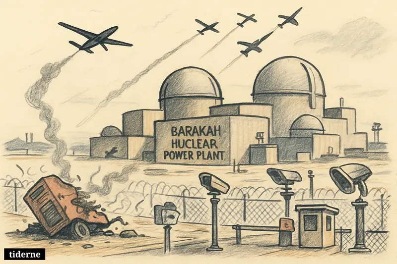 A wide view of Barakah nuclear plant with a damaged generator outside the perimeter and drones overhead confronting the site’s defenses.