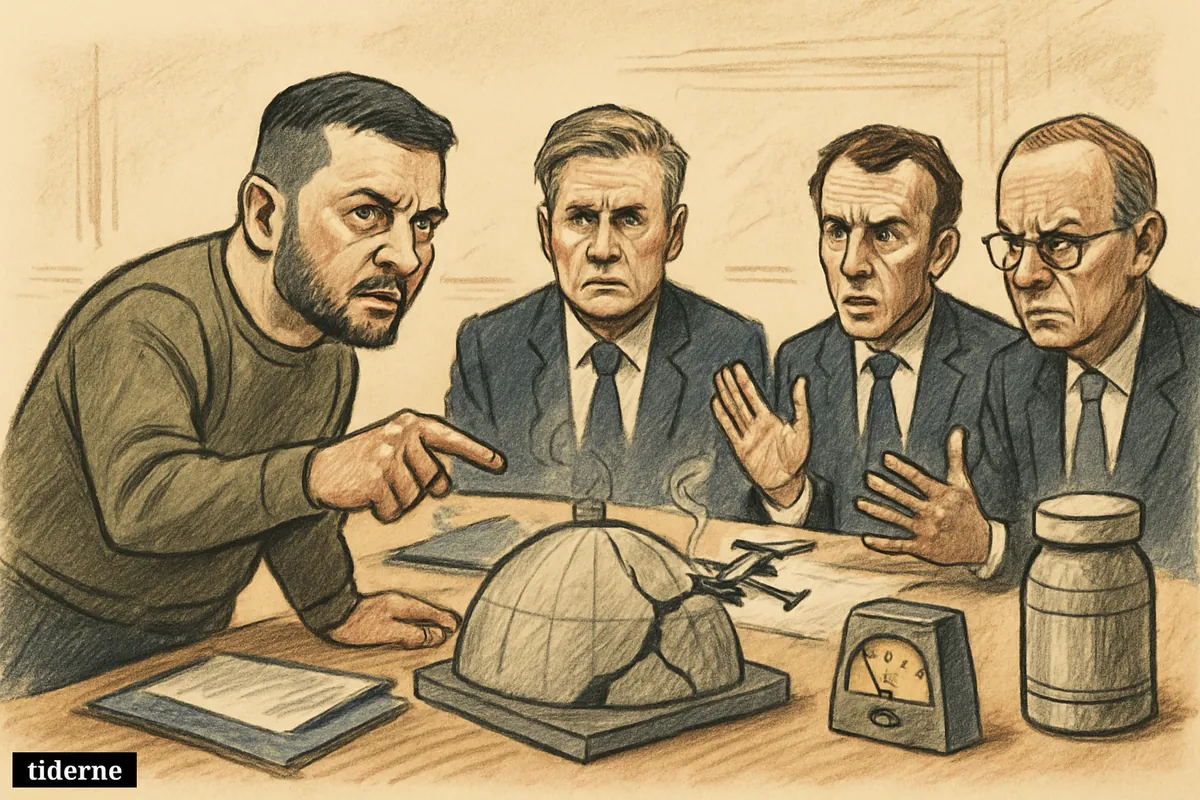 Zelenskyj briefs Starmer, Macron, and Merz at a London table beside a damaged Chornobyl model and drone debris.