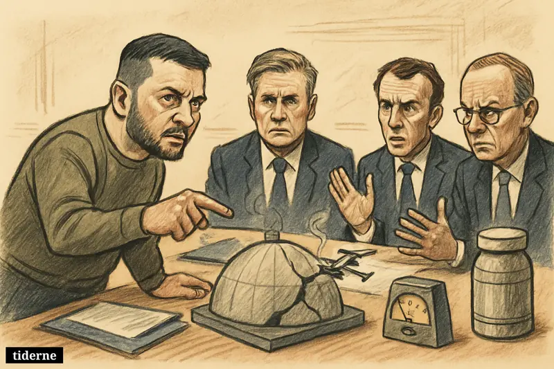 Zelenskyj briefs Starmer, Macron, and Merz at a London table beside a damaged Chornobyl model and drone debris.