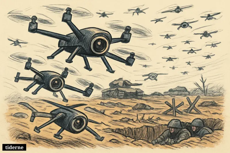 A devastated Ukraine frontline where swarming FPV drones and surveillance aircraft dominate the sky over trenches, wrecked armor, and hidden soldiers.