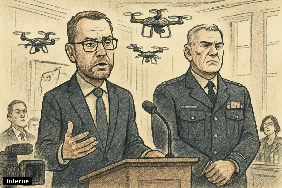 Jeppe Bruus and Michael Hyldgaard at a press briefing while drones hover overhead in a Danish government room.
