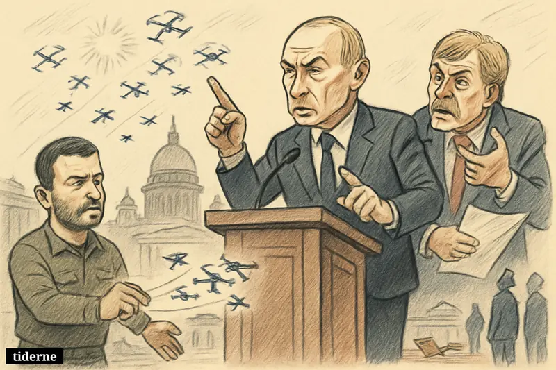 Putin and Peskov react at a forum stage as Zelensky launches drones toward St. Petersburg, with a grounded airplane and anxious security nearby.