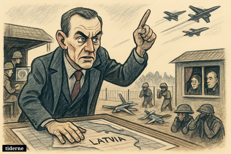 Caricature of Latvia’s defense minister Andris Spruds overseeing crashed drones near the border as NATO jets fly overhead and civilians shelter indoors.