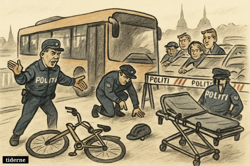 A halted bus, police cordon, fallen bicycle, and waiting traffic block Dronning Louises Bro after a serious cycling accident. (AI-genereret illustration)