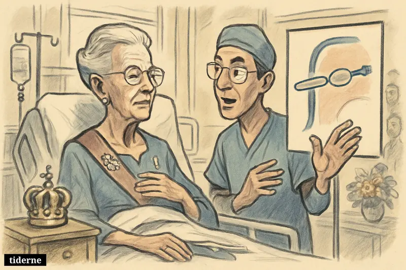 An elderly queen caricature sits calmly in a hospital bed while a doctor explains a heart artery balloon procedure beside her.