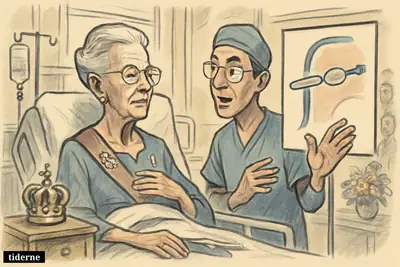 An elderly queen caricature sits calmly in a hospital bed while a doctor explains a heart artery balloon procedure beside her.