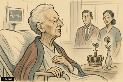 Queen Margrethe sits tired but composed in a hospital bed, with royal items nearby and medical equipment in a calm hospital room.