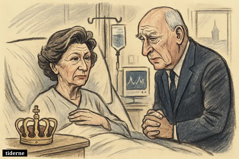 Queen Sonja sits in a hospital bed as King Harald stands beside her, with medical monitors and a simple Oslo hospital room.