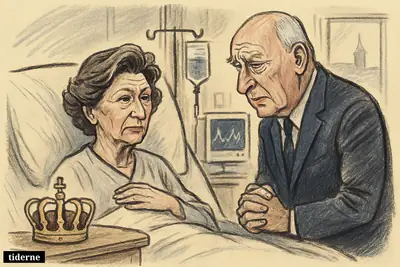 Queen Sonja sits in a hospital bed as King Harald stands beside her, with medical monitors and a simple Oslo hospital room.