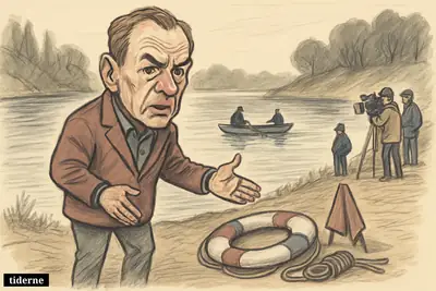 Allan Nyhus stands by a lake with rescue gear, gesturing solemnly as emergency responders search the water behind him.