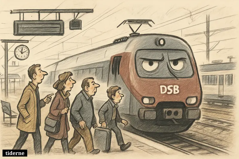 Passengers wait on a regional station platform as a DSB train stops and another train sits farther down the tracks, suggesting cancellations and transfers.