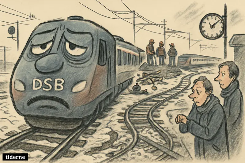 A delayed DSB passenger train inches through snowy track work while frustrated passengers wait beside a congested rail junction.