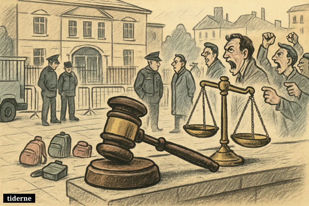 Court symbols, children’s belongings, police barriers, and a small angry crowd outside a Dublin school after a guilty verdict.