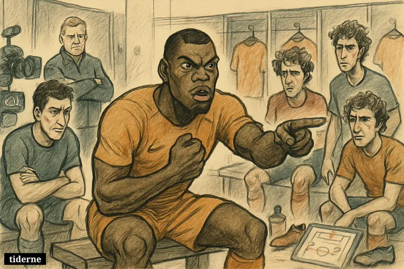 A fierce footballer challenges teammates in a locker room while a stern coach watches, capturing tension and a call for tougher team culture.