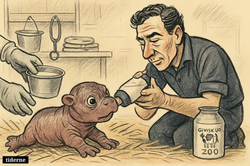 A tiny newborn pygmy hippo in a zoo nursery is bottle-fed by a veterinarian beside milk containers and animal care supplies.