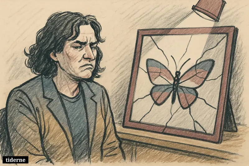 Fractured mirror shards reflect a glowing butterfly beneath a harsh white spotlight on a deep black background (AI-genereret illustration)