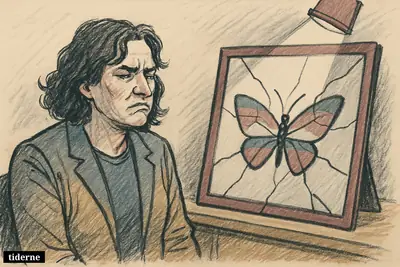 Fractured mirror shards reflect a glowing butterfly beneath a harsh white spotlight on a deep black background (AI-genereret illustration)