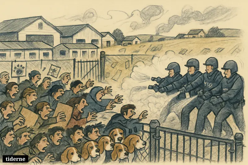 Animal activists clash with police outside a fenced beagle research farm while distressed dogs crowd the kennels behind the gate.